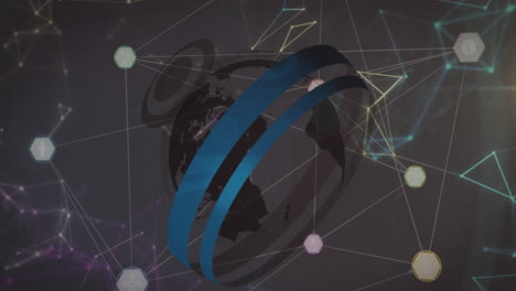 animation of network of digital icons and round scanner over spinning globe against grey background