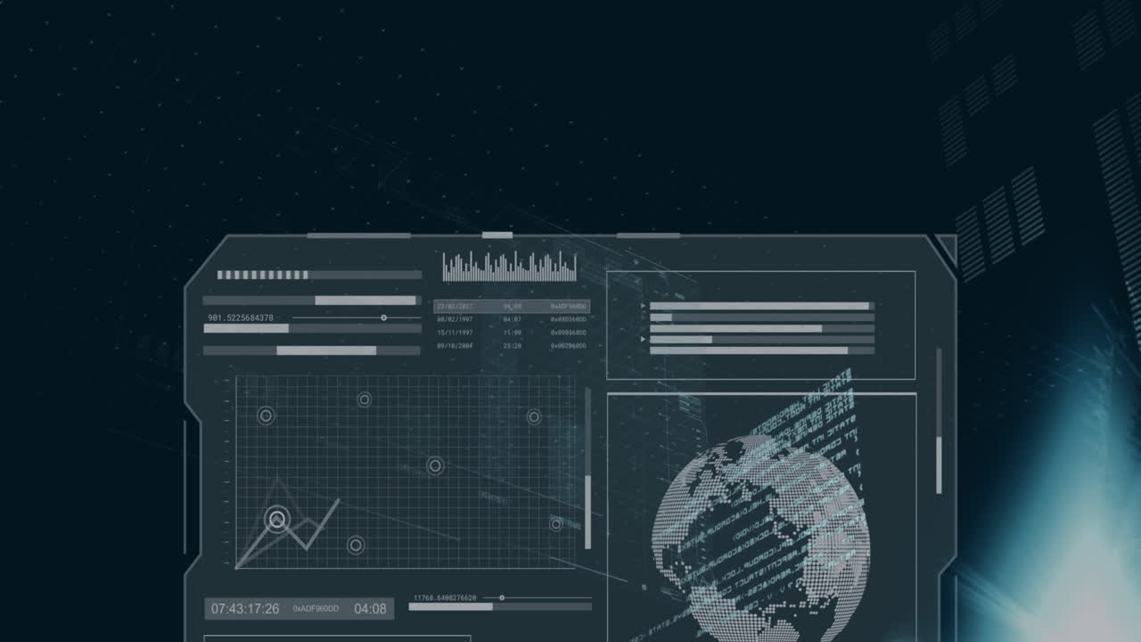 Animation of multiple graphs, loading bars and globes over lens flares against black background