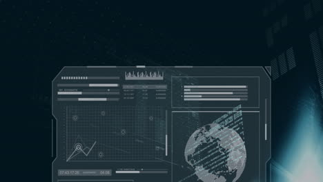 animation of multiple graphs, loading bars and globes over lens flares against black background