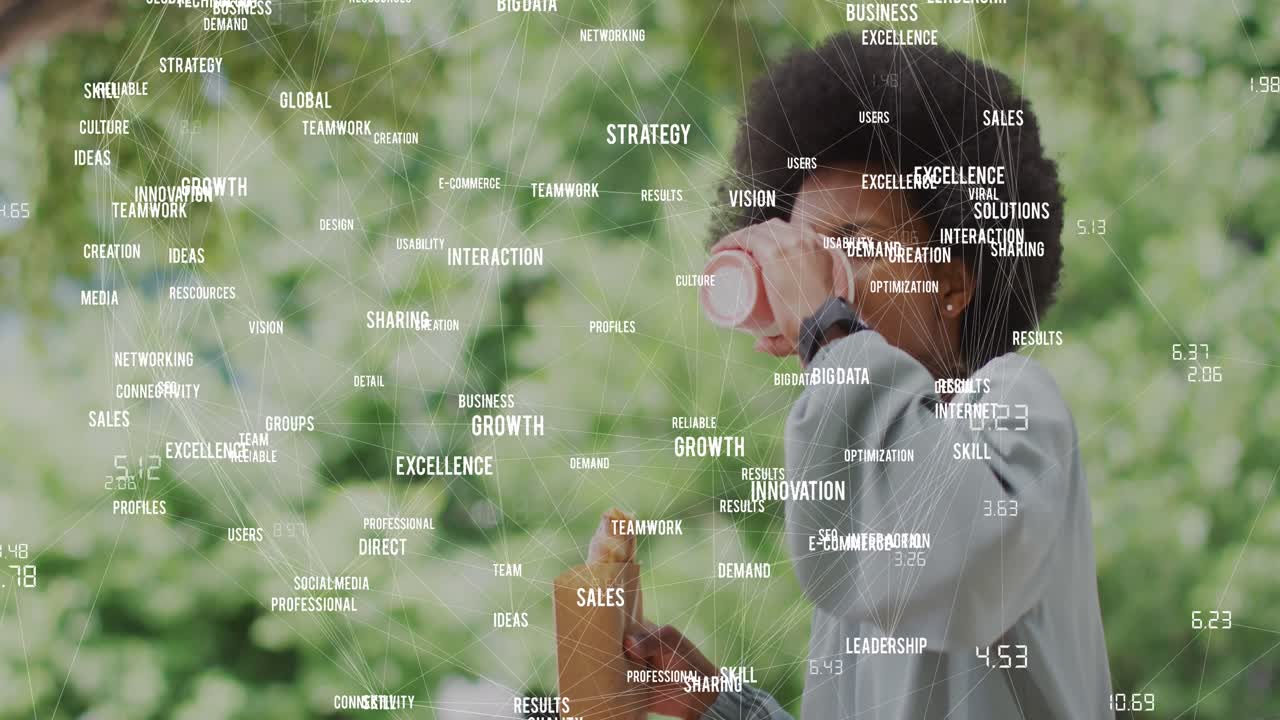 Animation of business data over african american woman drinking coffee