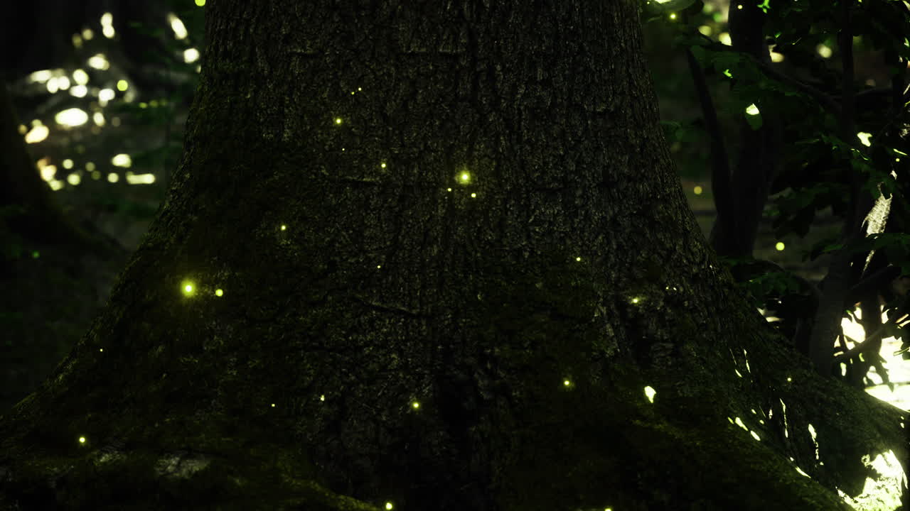Twinkling fireflies illuminate a forest at night near a massive tree trunk