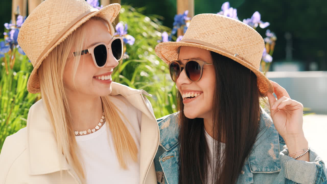 두 명의 행복한 여성들이 공원에서 웃고 있습니다.