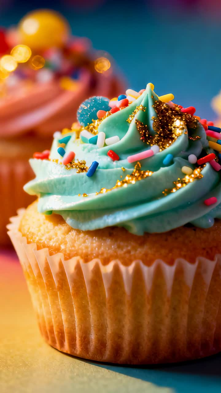 Video verticale: Telecamera in zoom su un set di cupcake, mostrando glassa blu, glitter dorati, bokeh rosa a sinistra.
