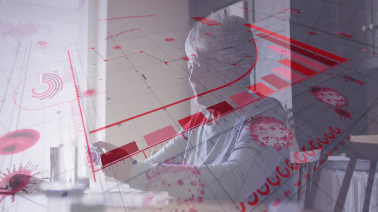 집에서 스마트폰을 사용하는 슬픈 두 인종의 노인 여성에 대한 그래프와 바이러스 세포의 애니메이션