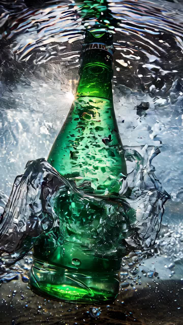 A green bottle of beer is floating in a pool of water