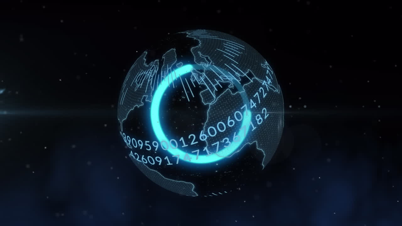 Animation of binary coding data processing over globe on black background