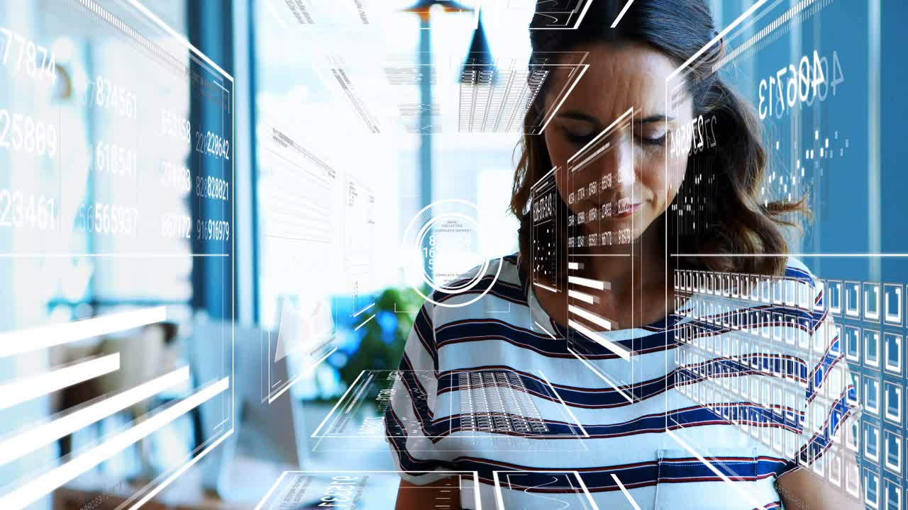 Business woman holding tablet, HUD panels appearing on tablet tap, shifting via taps analyzing data