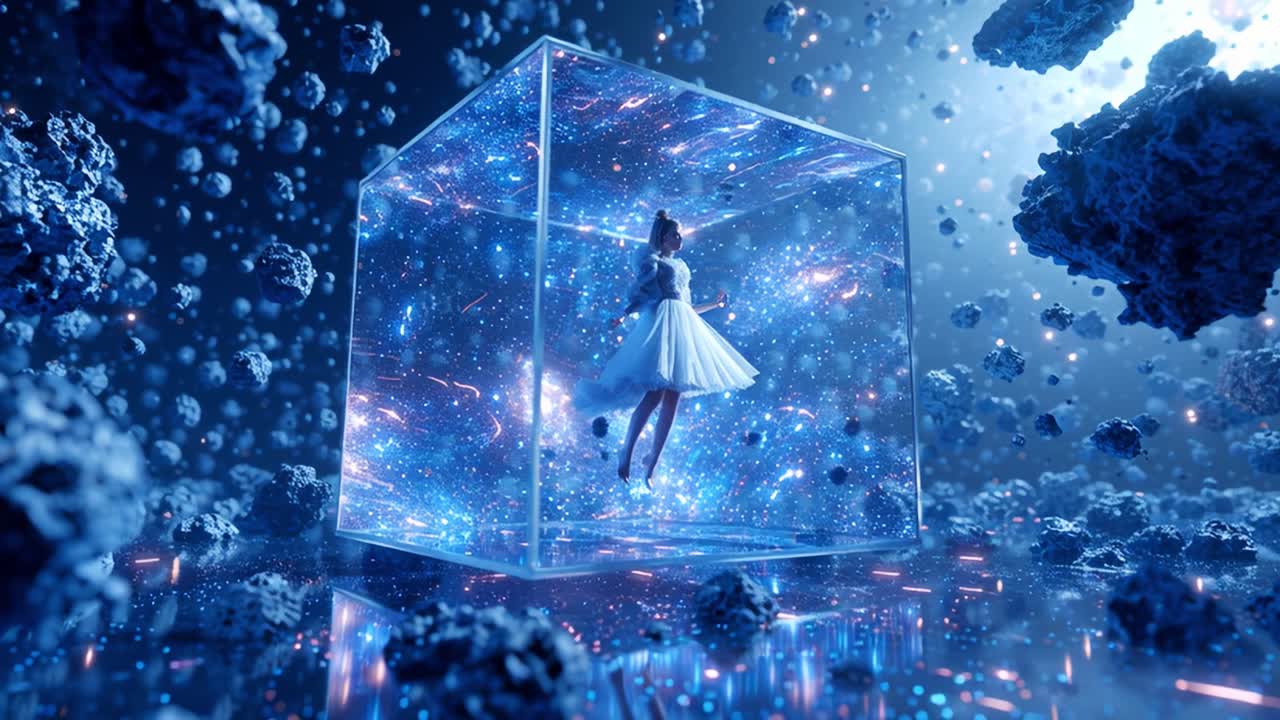 A surreal depiction of a figure in a flowing dress suspended within a luminous cube, surrounded by cosmic particles and ethereal elements, representing a blend of fantasy and science fiction