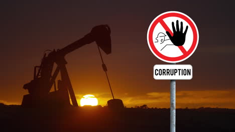 animation of stop curruption sign board over crane opreating against sunset sky
