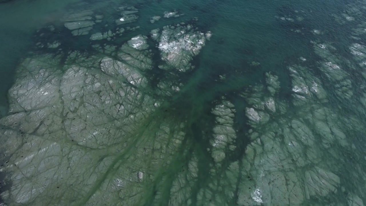 Drone view of rocks underneath the sea in Kaikoura, New zealand.