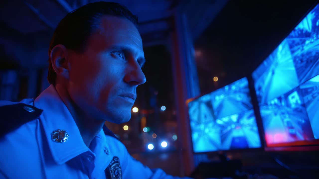 Focused Surveillance Operator Monitors Multiple Security Cameras at Night, Analyzing Footage with Intent in a High-Tech Security Environment