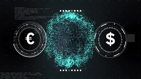 animation of currency symbols with data processing over globe on black background