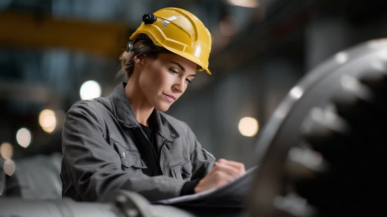 Focused Engineer Wearing Yellow Hard Hat Taking Notes on Plans While Working in Industrial Setting with Machinery and Tools in the Background