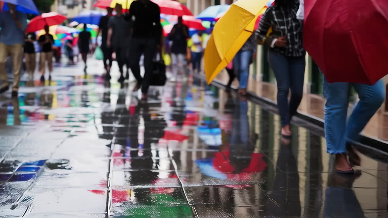 Rainy City Street Scene with People and Umbrellas