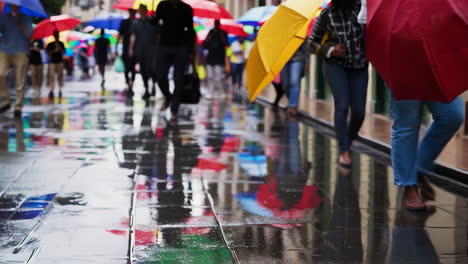 rainy city street scene with people and umbrellas