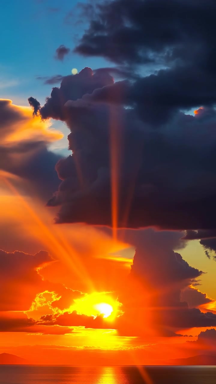 Sequenz von Wolkenlücken von Sonnenaufgang bis Sonnenuntergang mit dramatischen Sonnenstrahlen, die Haufenwolken in der Bildmitte durchbrechen.