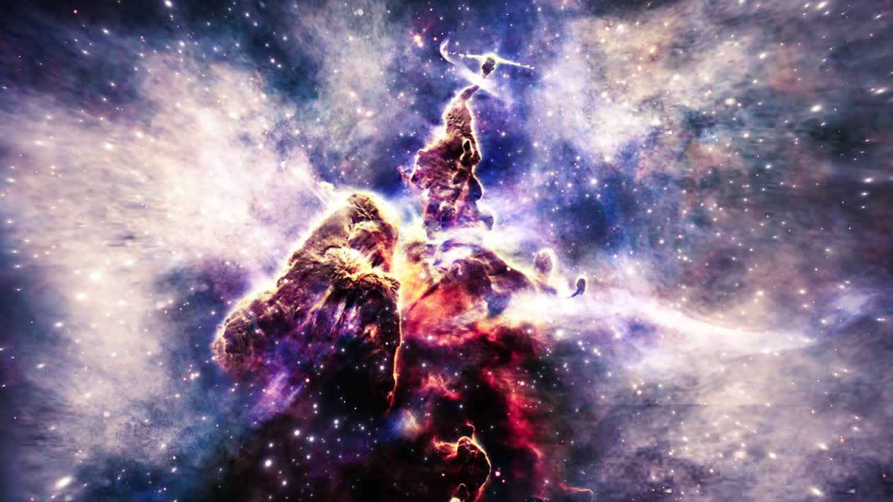 Carina Nebula space travel exploration on deep space. 4K Flight Into A pillar of gas in the Carina Nebula, is bathed in the light of hot, massive stars. 3D animation space flight.