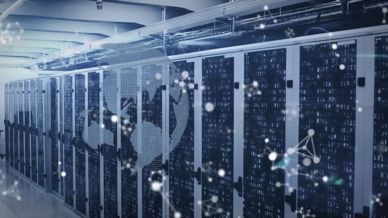 Animation of moving shapes and globe over server room