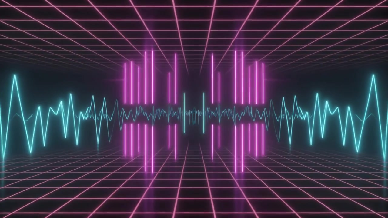 Griglia Synthwave retrò con forma d'onda audio al neon pulsante