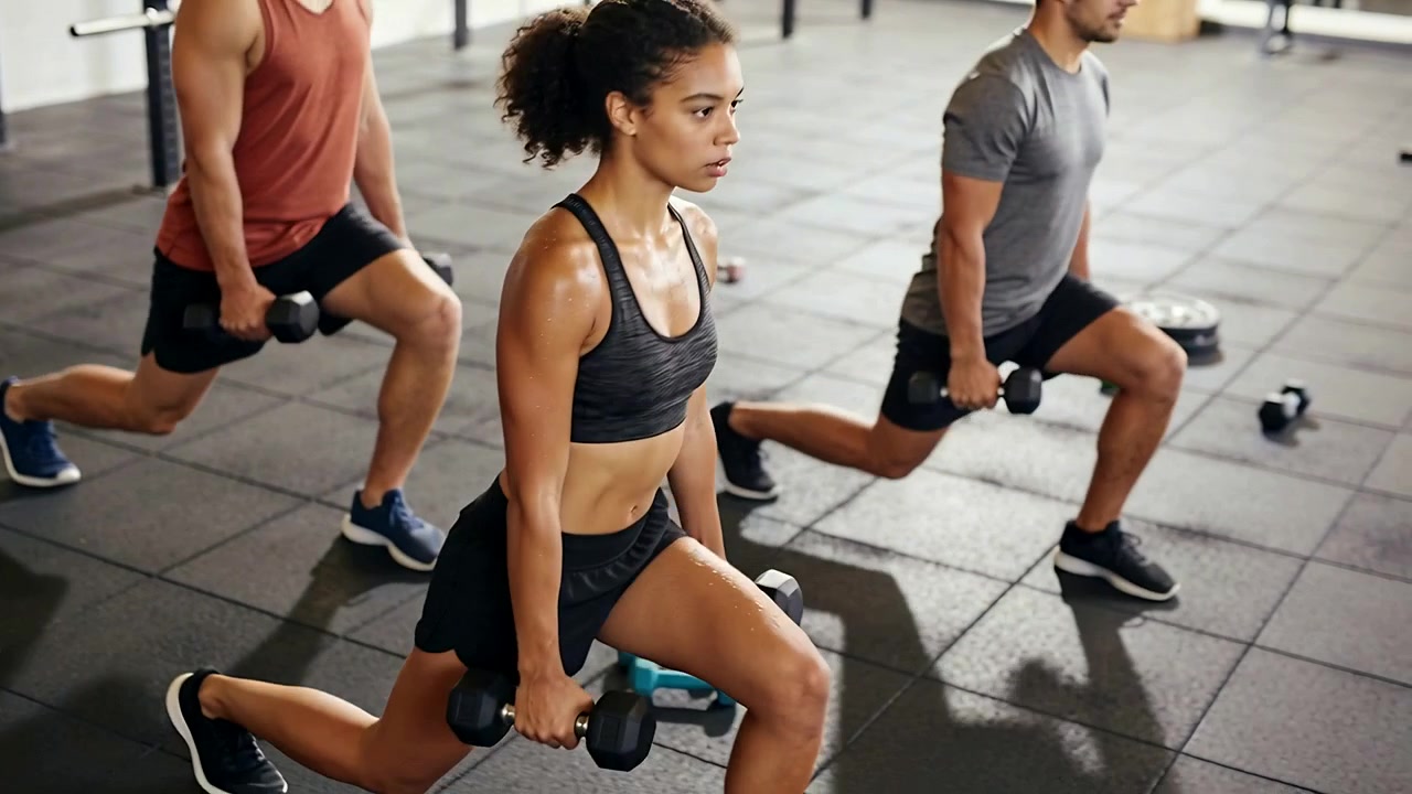 Performing trio shifting forward advancing walking lunges at gym in sportswear holding hex weights