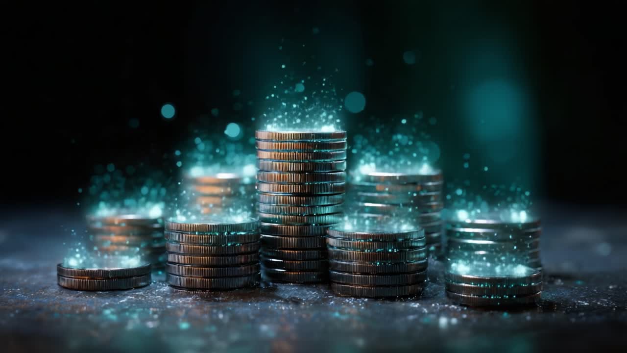 En fantastisk fremvisning av stablede mynter med glødende partikler, som fanger en magisk og fortryllende finansiell atmosfære i to visuelt slående bilder