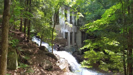 Wunderschöner-Bach,-Der-An-Einem-Alten-Verlassenen-Haus-In-Einem-Wunderschönen-Wald-Vorbeifließt