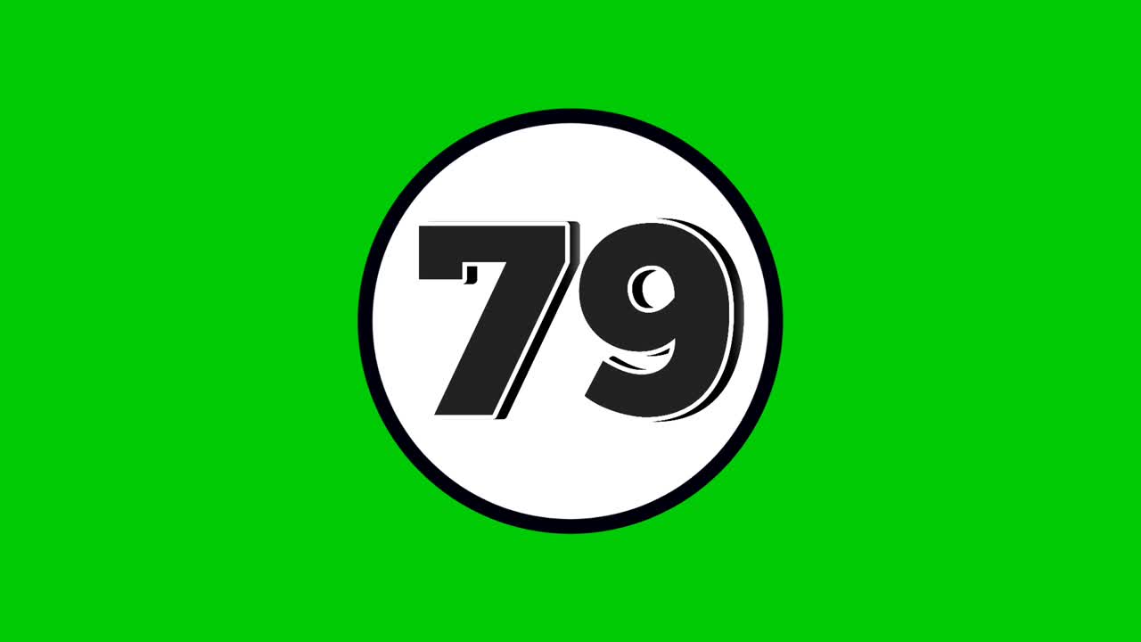 Number 79 symbol sign animation motion graphics cartoon black color on green screen background.numbers in white circle suitable for video elements