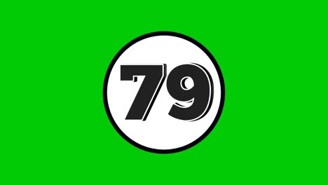 number 79 symbol sign animation motion graphics cartoon black color on green screen background.numbers in white circle suitable for video elements