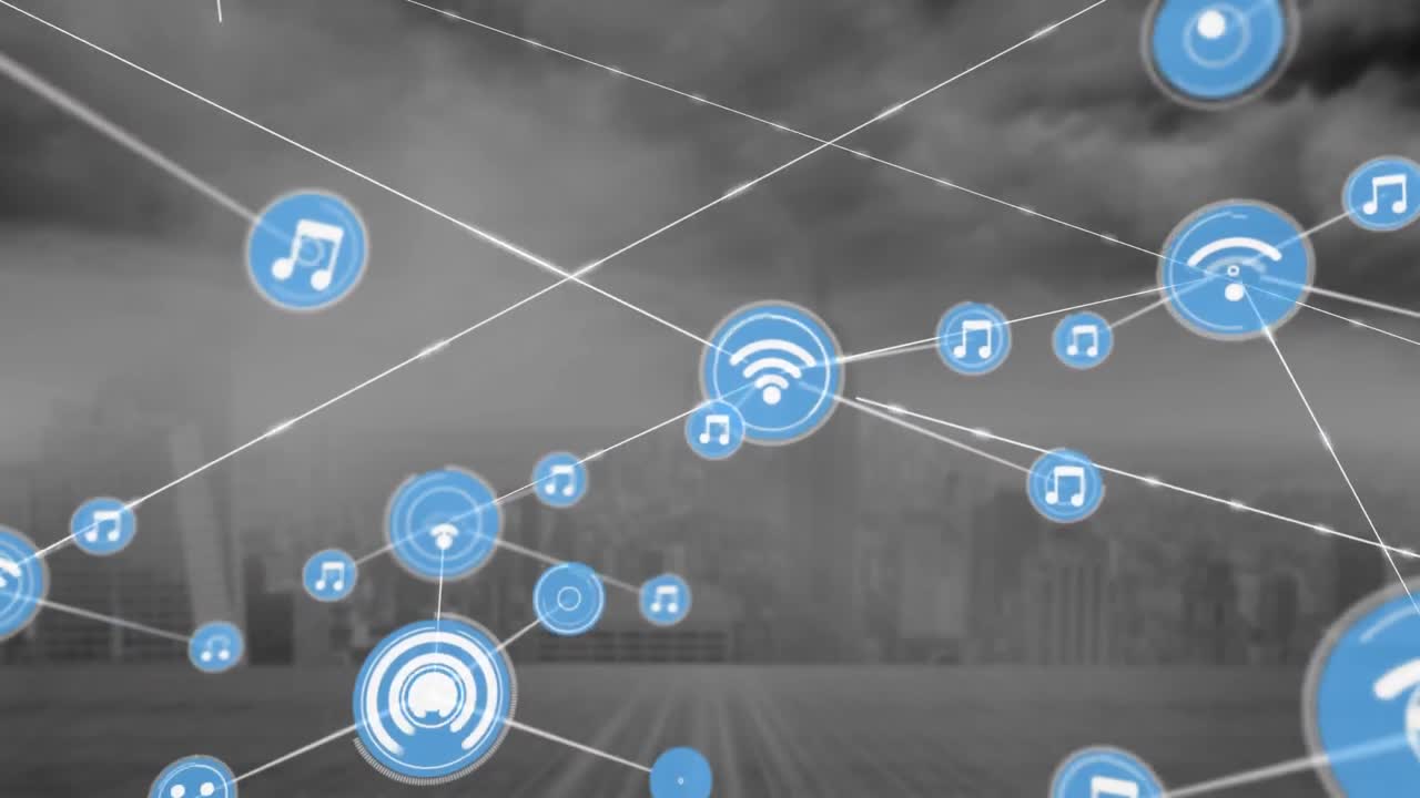 animación de una red de iconos digitales frente a una vista aérea del paisaje urbano