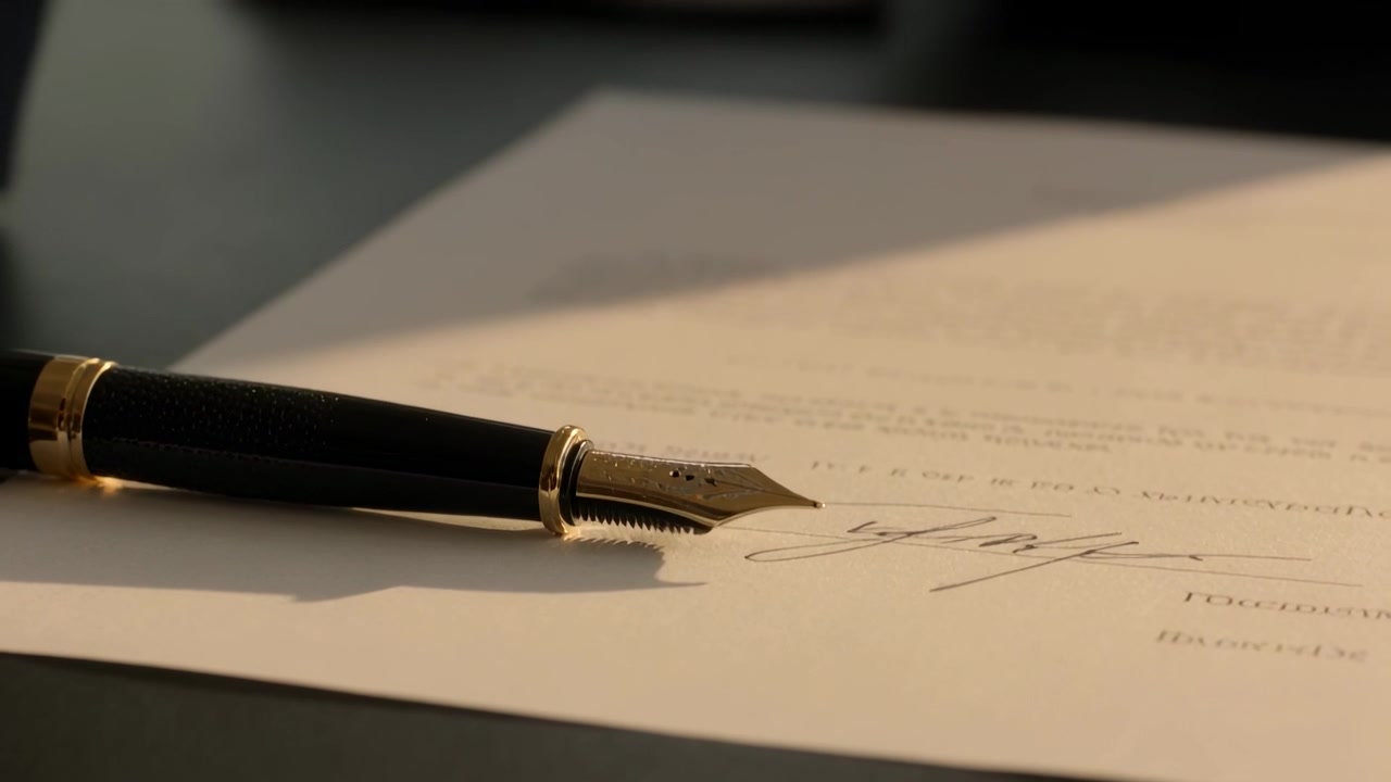 Hand entering frame, suit-clad hands clasping at desk after signing document, black fountain pen