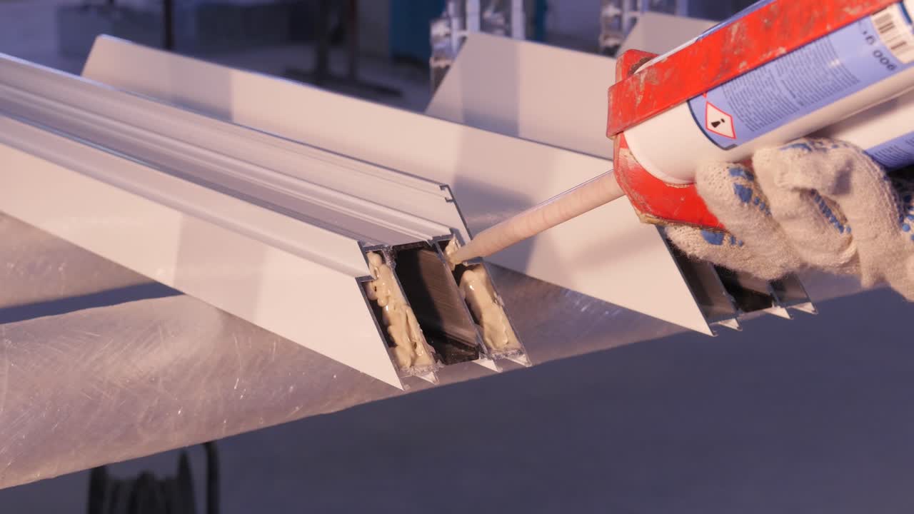 instalación de sellador en los marcos de las ventanas de aluminio