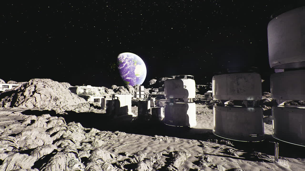 Ambiente extraterrestre sereno com exploradores robóticos sob céu estrelado
