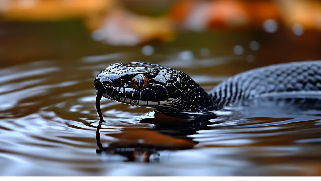 Black snake swimming in dark water with reflections. Close up of a black snake head above water surface with ripples and autumn leaves in background