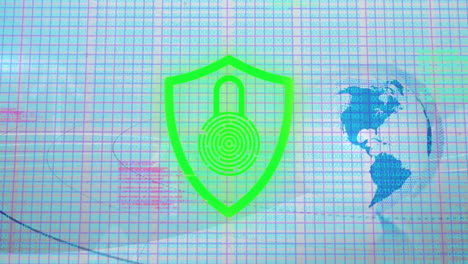 animation of padlock icon with biometric fingerprint and data processing over globe