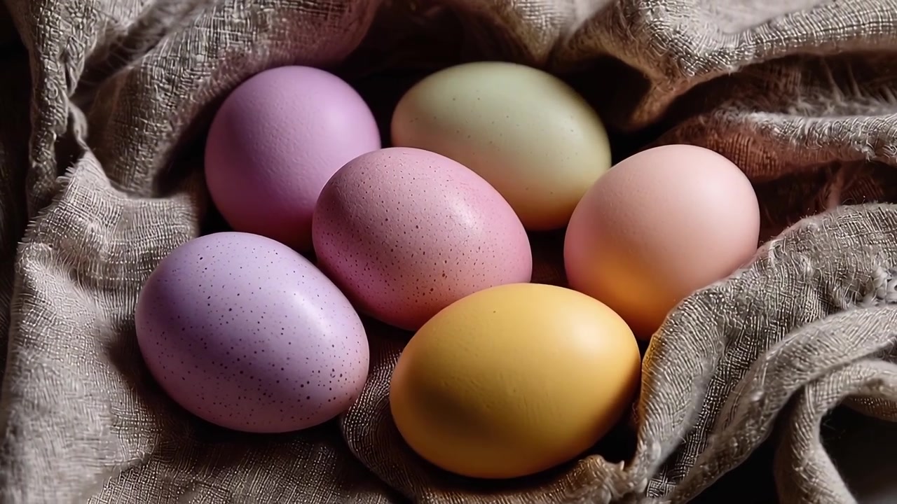 Huevos de Pascua de colores pastel anidados en tela
