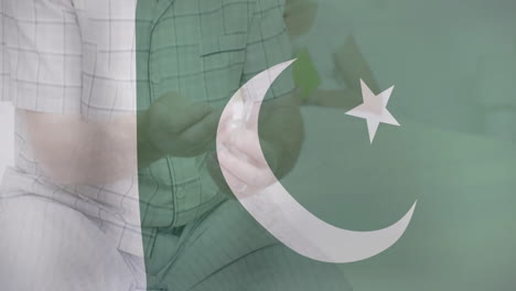 holding object in hands, person with pakistani flag overlay in animation