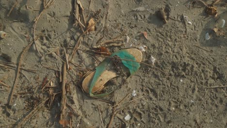 Vom-Fluss-Weggespülter-Müll-Liegt-Am-Strand---Videomaterial-Zur-Wasserverschmutzung