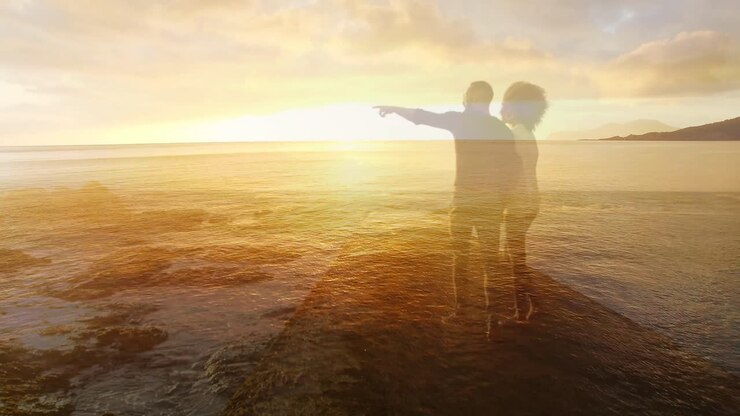 Animação de casal afro-americano feliz apreciando o pôr do sol na praia sobre o mar.