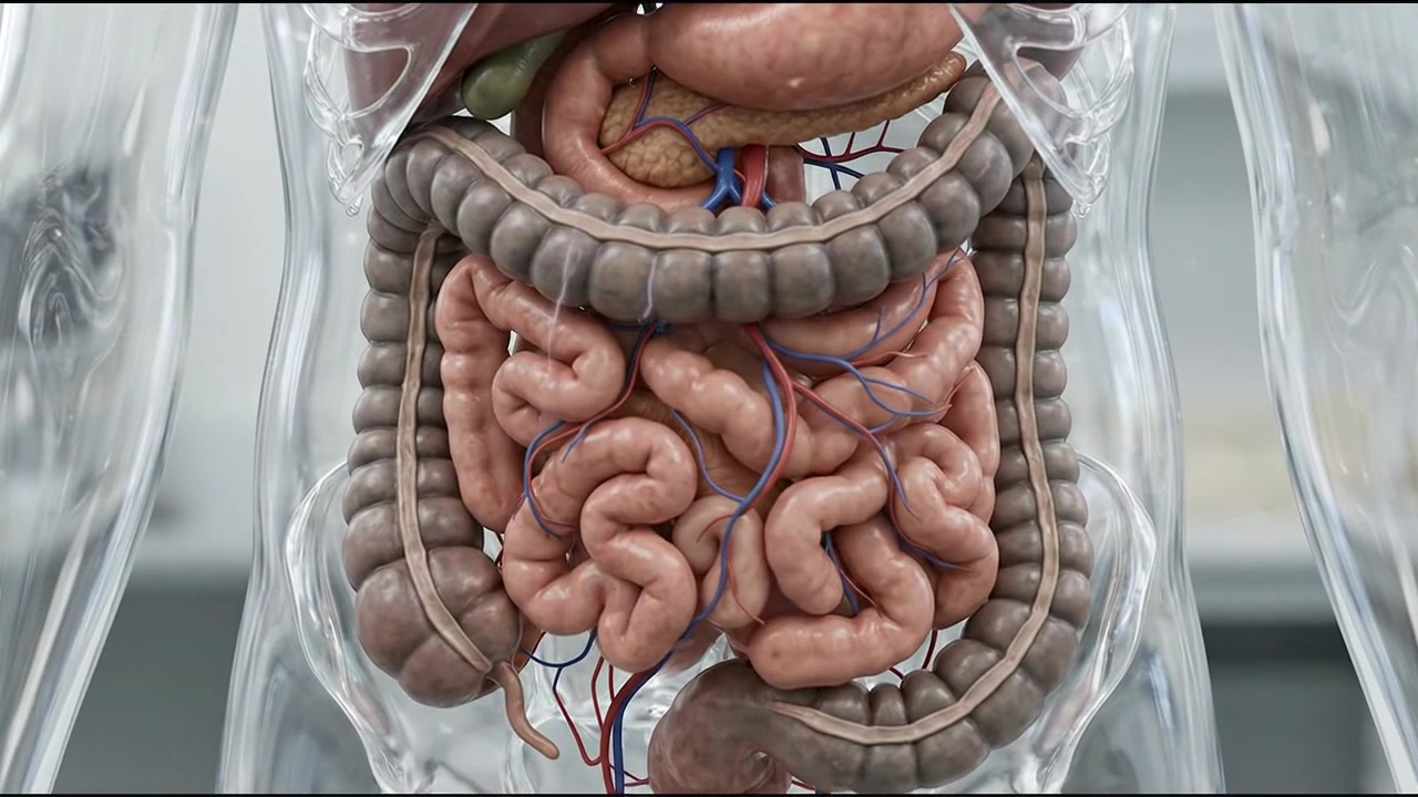 Human gastrointestinal tract anatomy inside transparent abdomen model