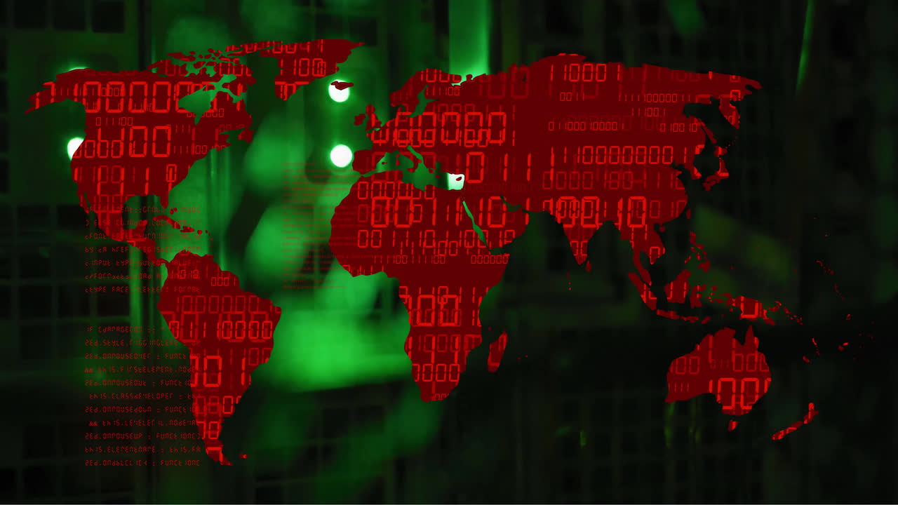 animación del mapa del mundo y procesamiento de datos a través de servidores informáticos