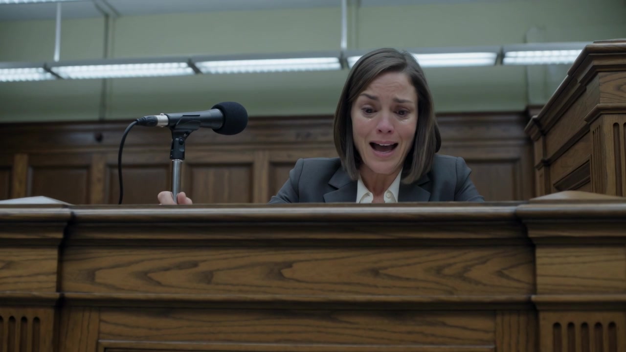 Mulher de terno cinza levantando a cabeça, testemunhando e chorando no banco das testemunhas, segurando o microfone.