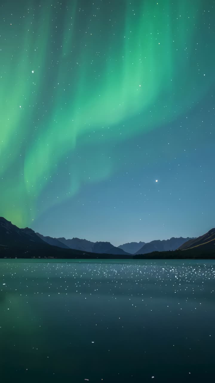 Vertical video: Shifting green auroral curtains driven by solar wind, reflecting on mountain lake