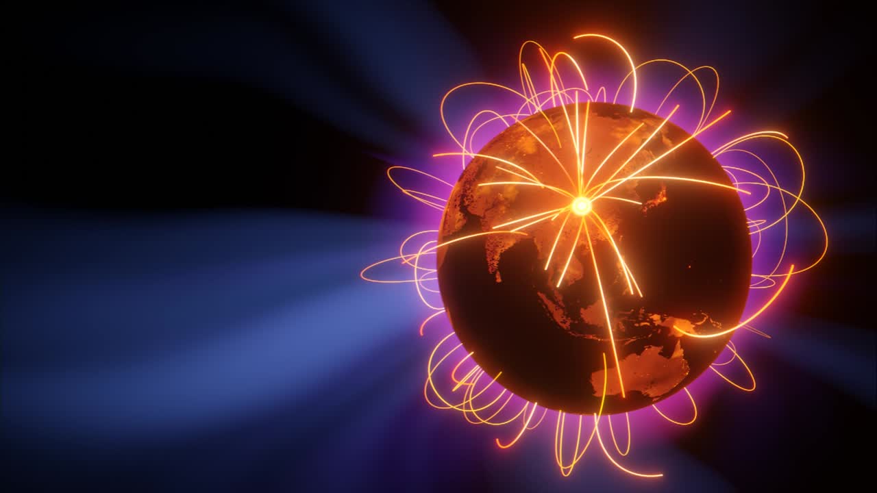 технологическая глобализация земли в 3d-анимации. глобальные бизнес-точки на вращающейся планете.