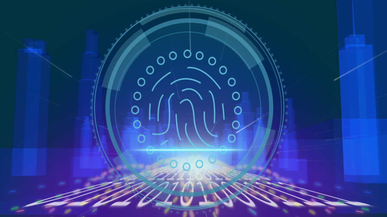 animación del icono de huella dactilar sobre el procesamiento de datos y la ciudad