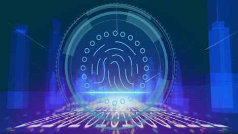 Animation-of-fingerprint-icon-over-data-processing-and-city