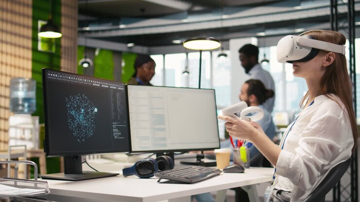 Female Technician Wearing Vr Goggles Coding With Ai Language Model Assistance