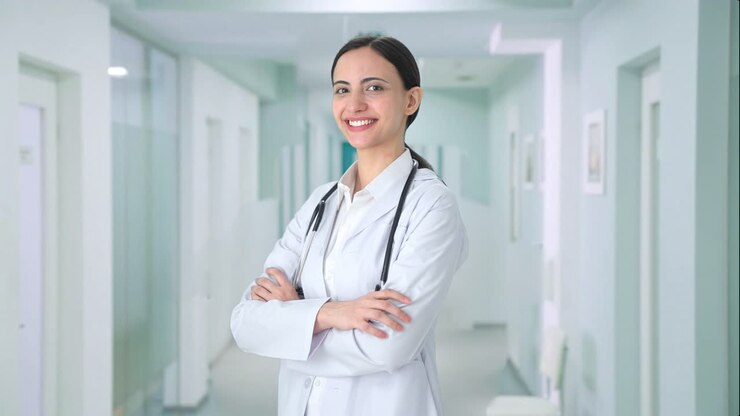 retrato de una feliz doctora india de pie con las manos cruzadas