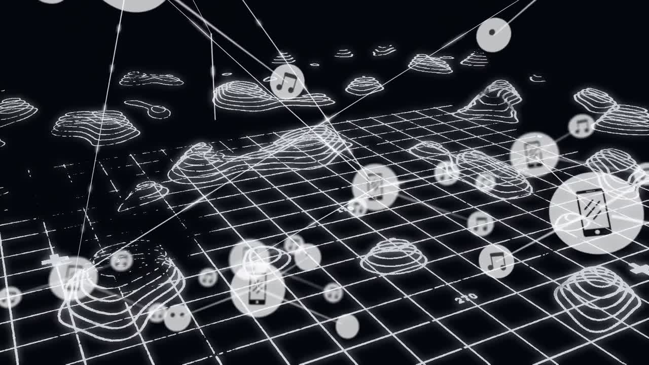 3d 디지털 풍경 위의 아이콘으로 연결 네트워크의 애니메이션
