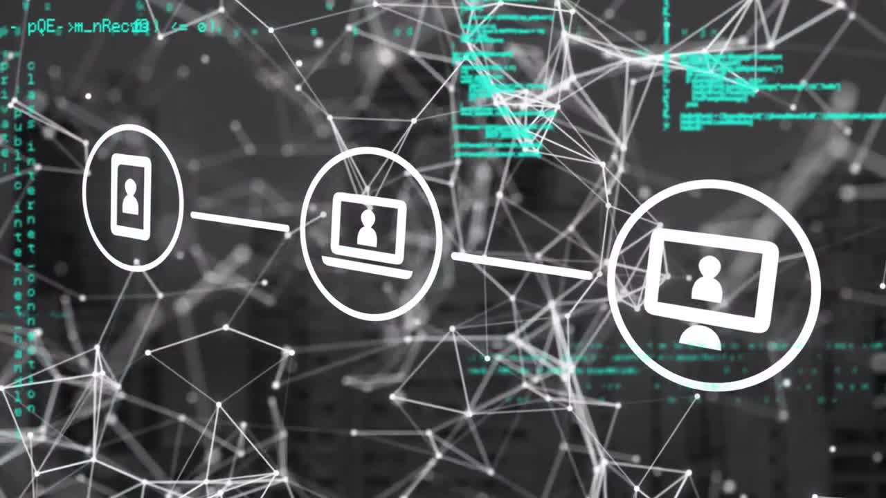 animación de iconos conectados sobre puntos conectados y lenguaje de computadora sobre fondo negro