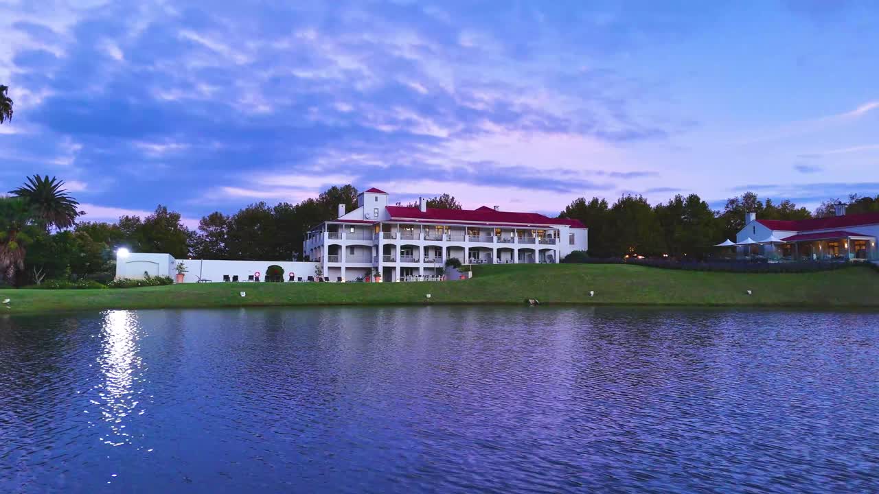 Drone above dam while capturing the Asara wine restaurant in the distance